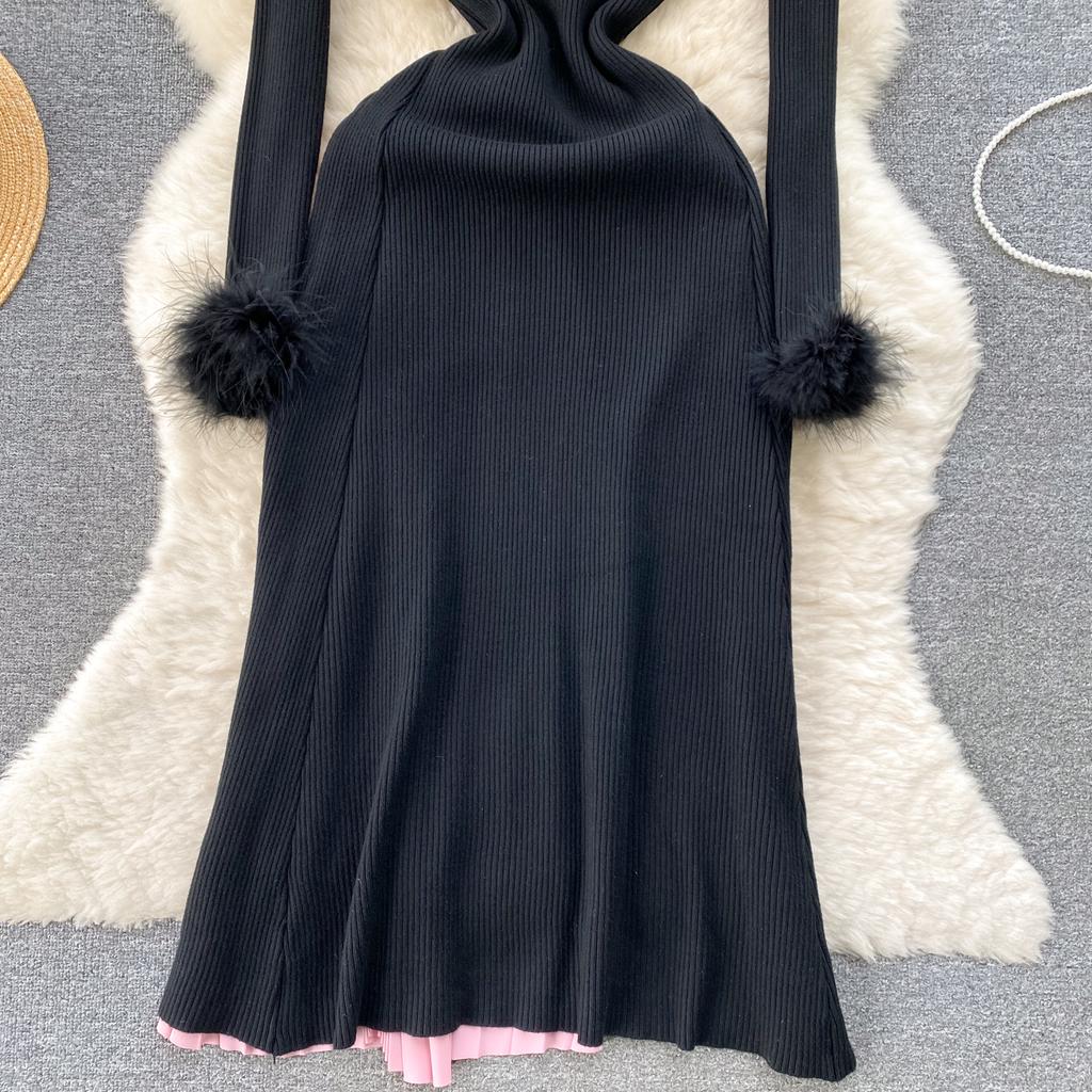 Старший трикотажное платье мода O-образный вырез перо длинный рукав женское завязка цвет блок сращивание плиссированное длинное платье