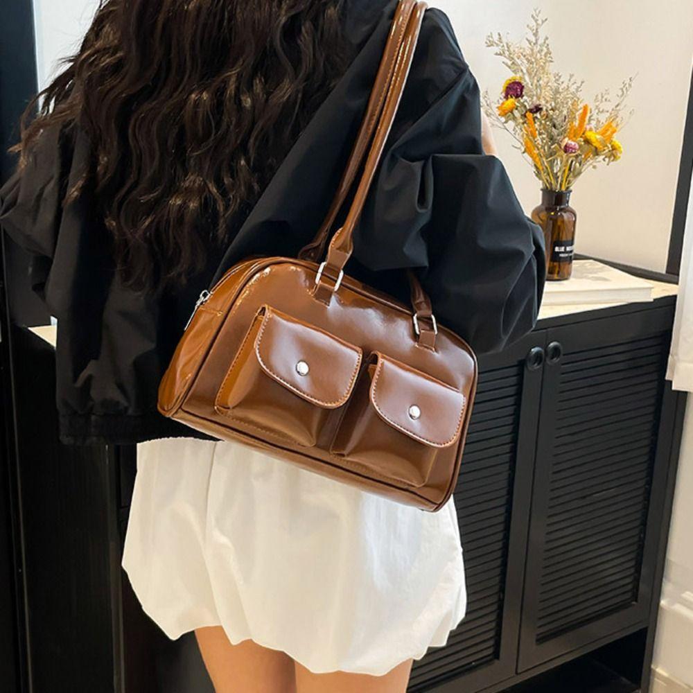 Patent Leather PU Bowling Bag Handbag Underarm Bag Casual Pocket Boston Tote Bag Portable