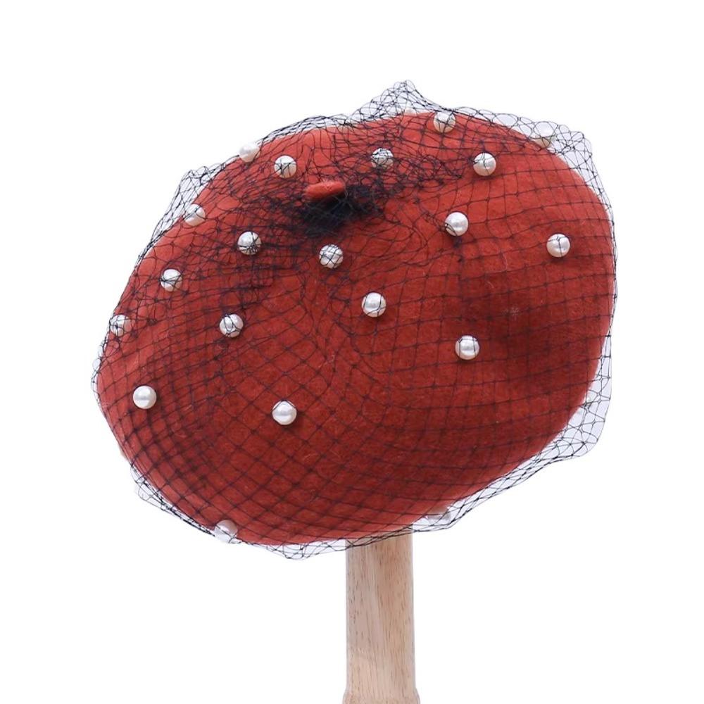 Берет из жемчужной шерсти для женщин с сетчатой вуалью Шапки-бини Тыквенная шляпа Шляпа художника Девушки