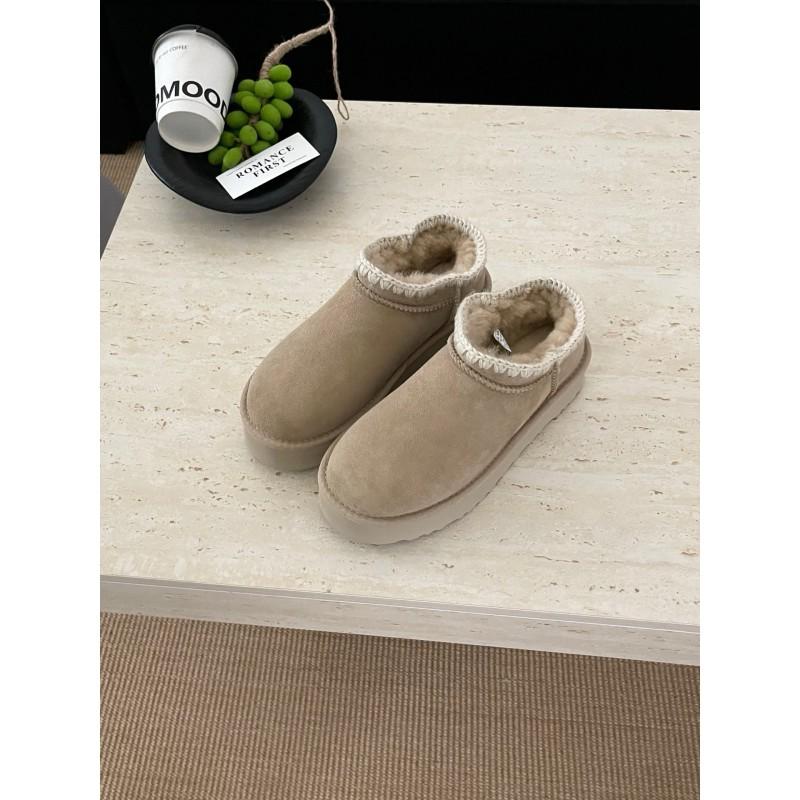 Womens Winter Snow Boots Sheepskin Fur Lined Flat Heel Short Shaft Warm Comfortable Slip-On Ankle