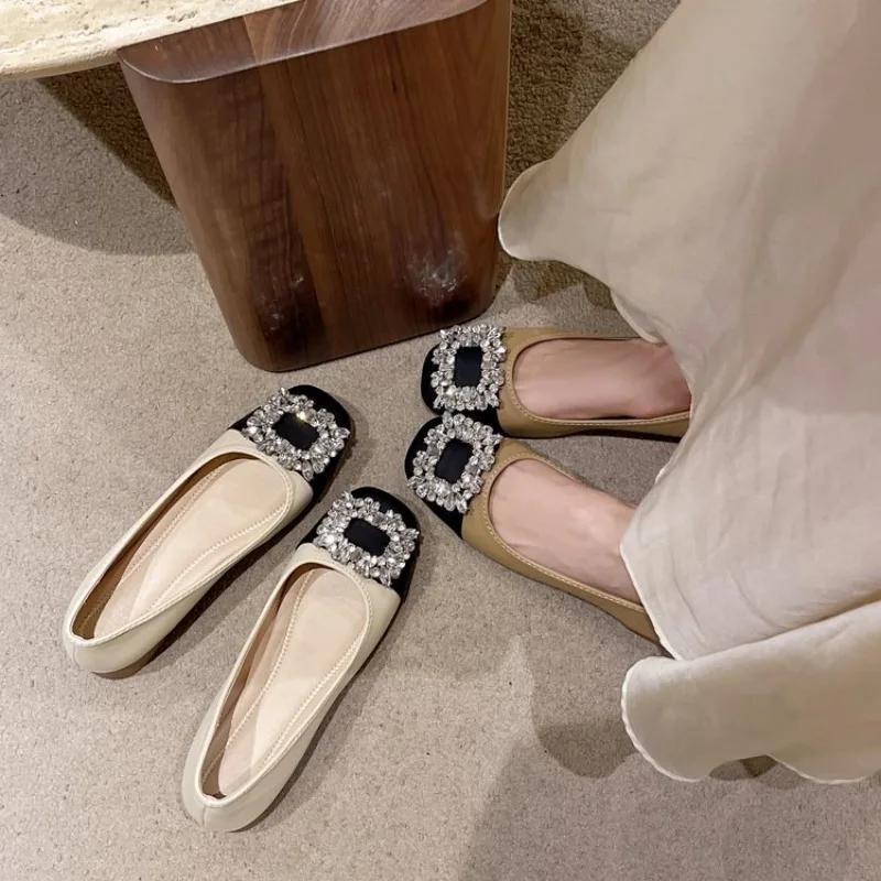 Женские весенние повседневные туфли-балетки с квадратным носком, на низком каблуке, на мягкой подошве, со стразами, элегантные французские ретро женские туфли с квадратным носком