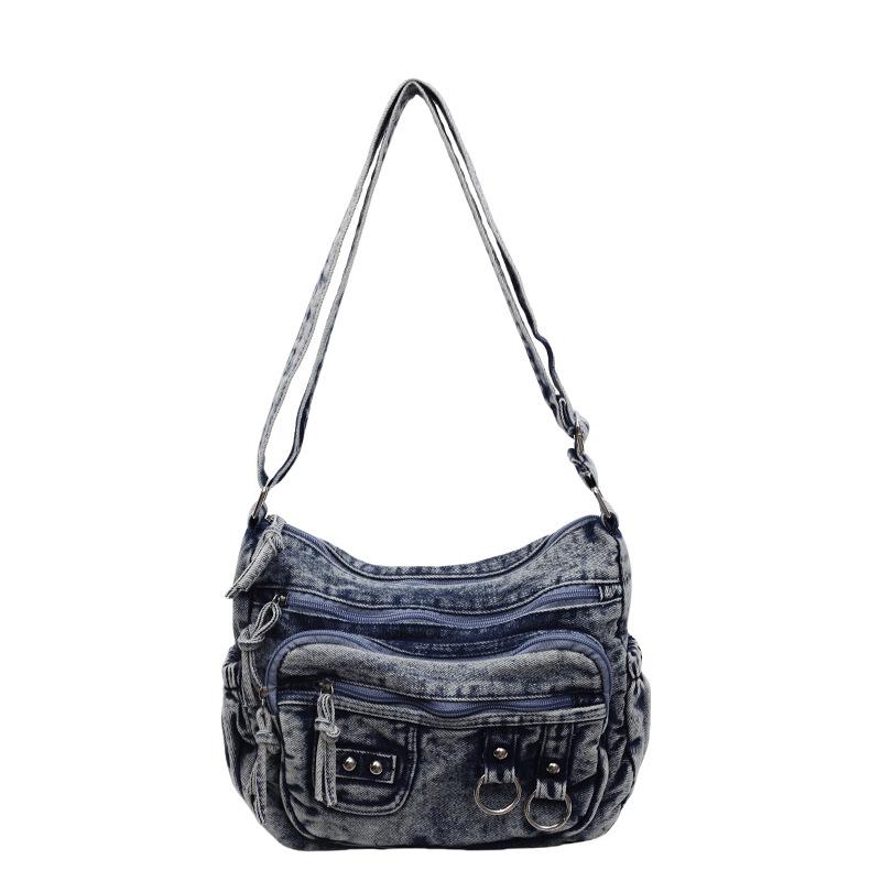 Vintage washed denim bag multi-pocket commuter practical shoulder messenger bag tote bag 2025 new bag