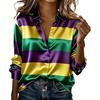 Женская рубашка с лацканами, длинным рукавом, в полоску Mardi Gras, топ, пуговицы, планка, свободный крой, карнавальный наряд, вечерний топ, мягкая ткань, одежда для фестиваля