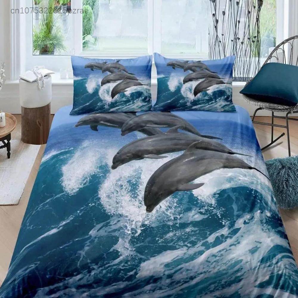 3D дельфин в синем море Queen King Size комплекты постельного белья Animal Single Quilt Duvet Cover Set Детская кровать для взрослых Полиэстеровое постельное белье