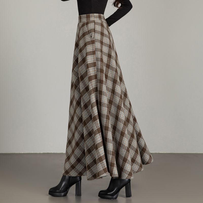 New Woolen Plaid Skirt for Women Mid-length Autumn and Winter Slimming High-waisted A-line Skirt Casual Long Skirt