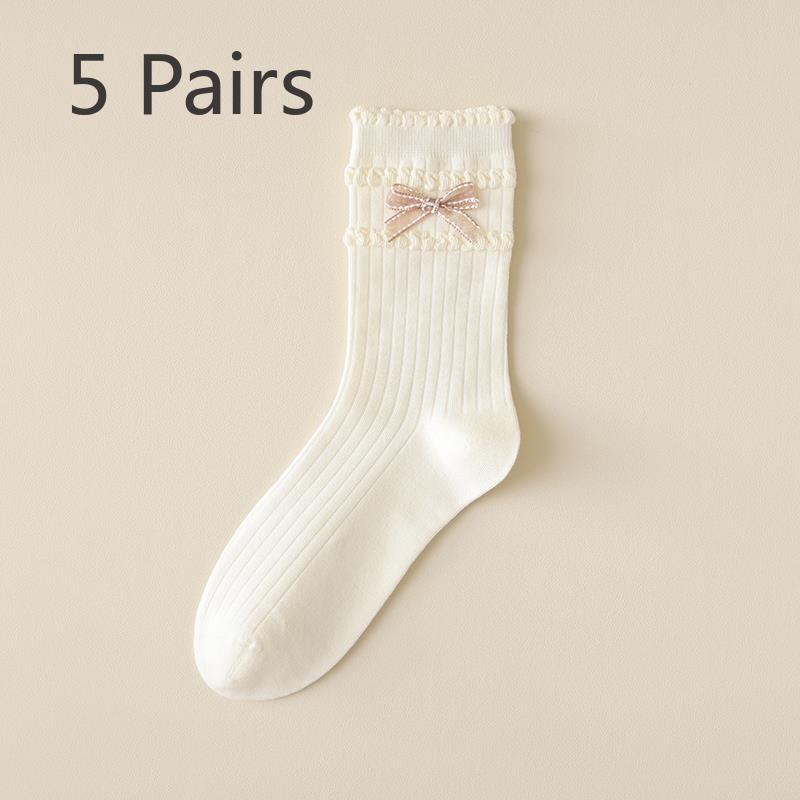 5 Pairs of Thin Solid-color Sweet Bow Mid Calf Socks for Girls In Summer