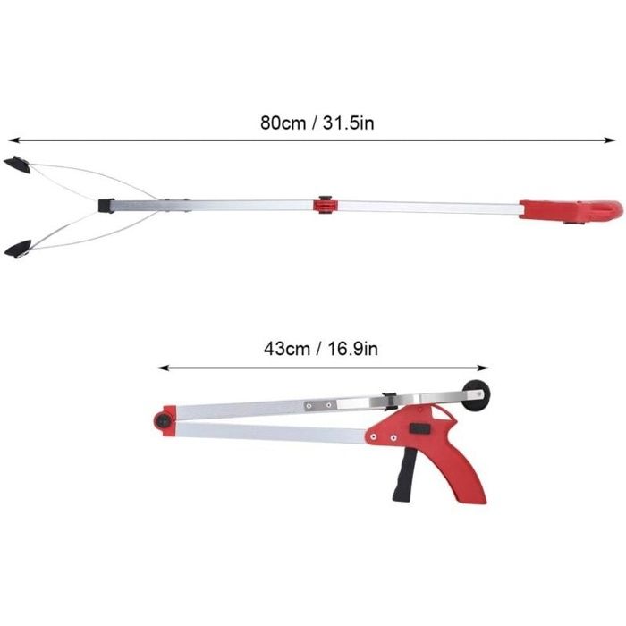 Ramasse-déchets pliable extensible 80 cm en alliage d'aluminium - poignée rouge, léger 190 g
