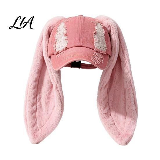 Cold Weather Headwear Baseball Cap with Plush Rabbit Ears, Washed Distressed Peaked Hat for Ear Winter Winter, Long Bunny Dance Party Show Festivals