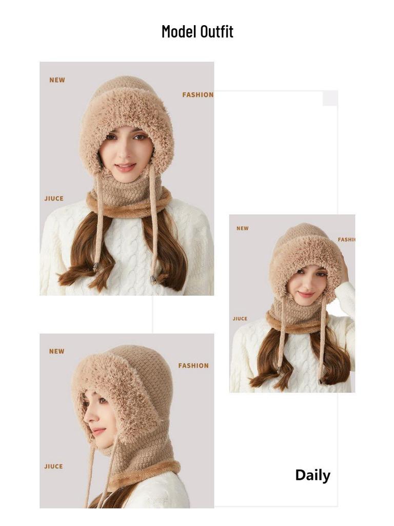 Женская зимняя вязаная шапка с маской для лица и шарфом - Плюшевая, Толстая, Теплая