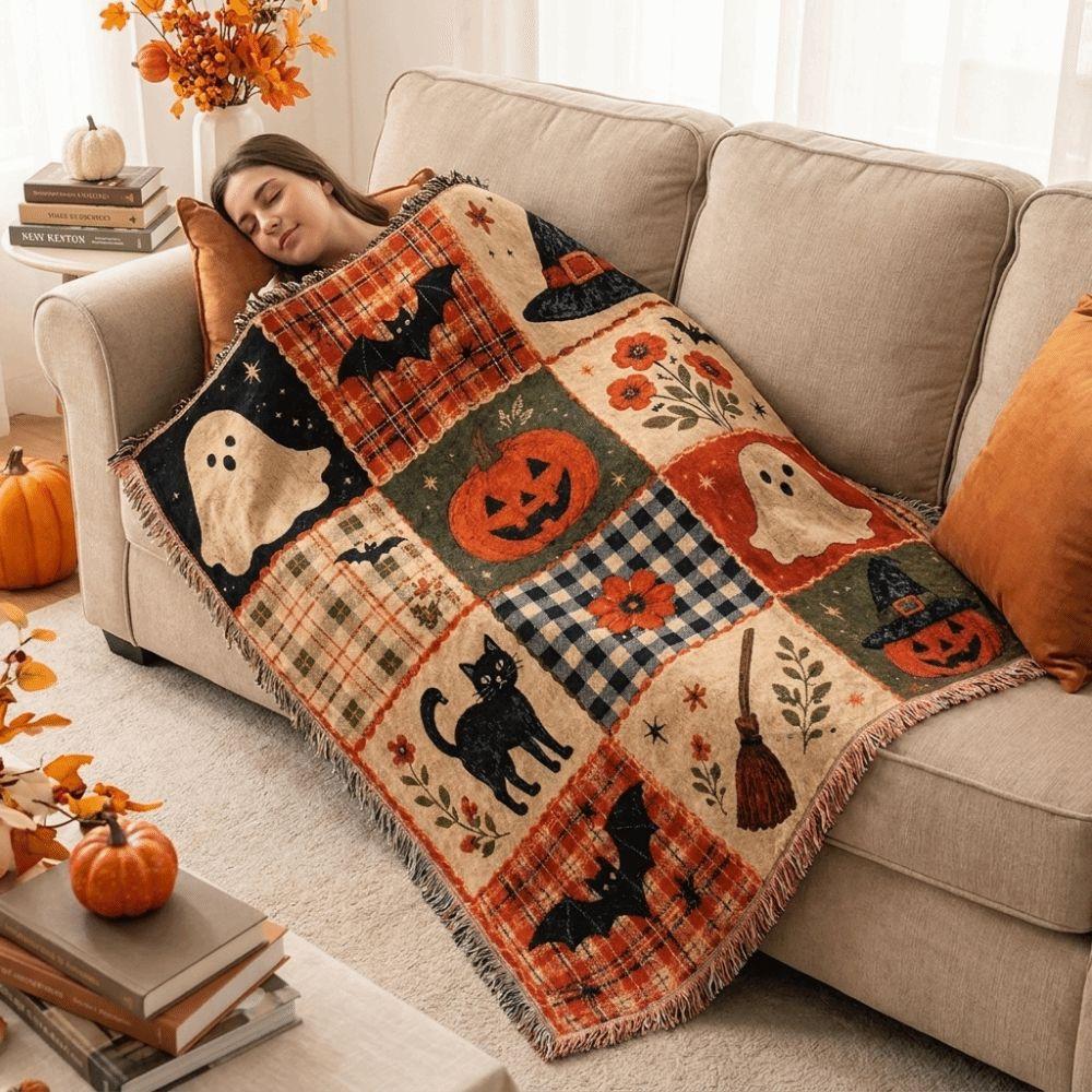 Vintage Halloween Patchwork Blanket Warm Ghost Throw Blanket Pumpkin Ghost Blanket Bedroom