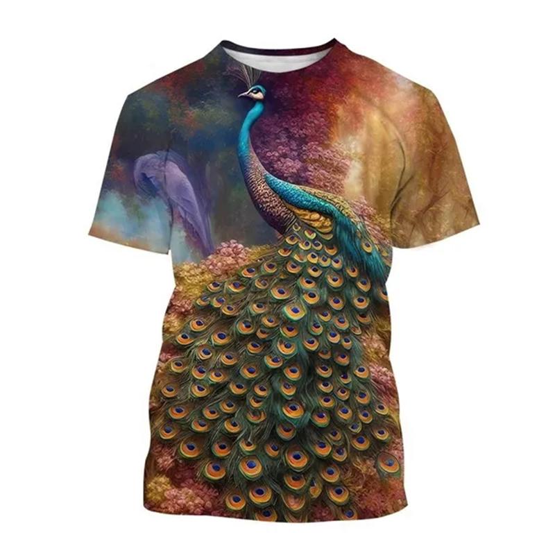 New Peacock 3D Printing Men's And Women's Fashion T-shirt Animal Color Feather Fan O Neck Short-sleeved Oversize Casual Tops Tee