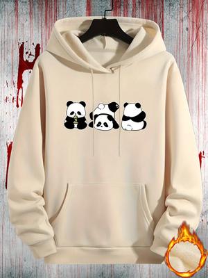 Мужское повседневное худи с принтом панды - Сезон осень/зима, вязаный трикотаж, стандартный крой, капюшон, карман, легкая эластичность