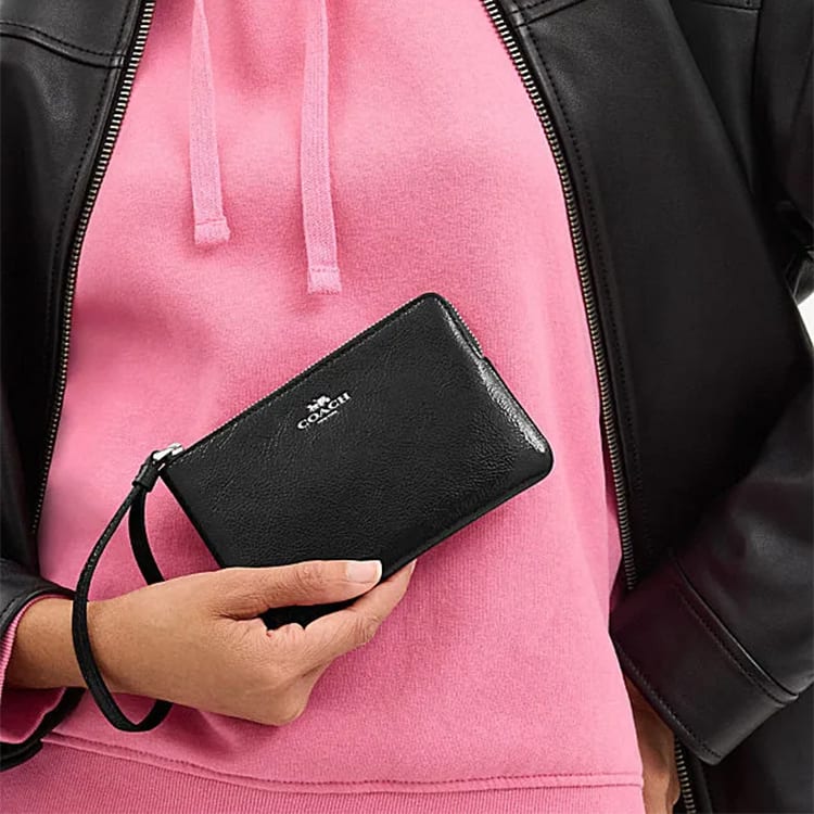 Coach Угловая молния Коровья кожа Сумка-клатч на запястье Маленькая женская Черная CW855-SVBK
