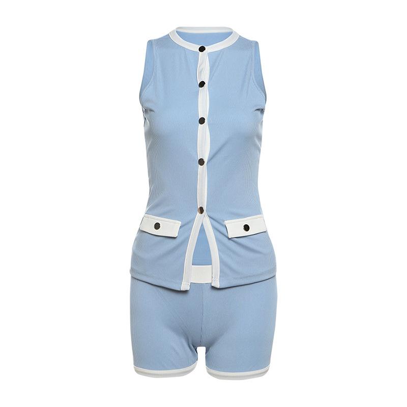 Spring New Women's Clothing Temperament Sexy Contrast Color Sleeveless Button Cardigan Top Slim Shorts Suit