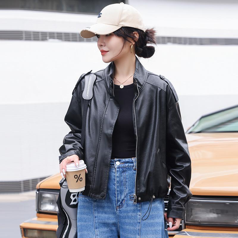 Brown Pu Leather Jacket Women's Spring and Autumn New Style Small Man Arcade Motorcycle Hong Kong Style Retro Casual Short Jacket