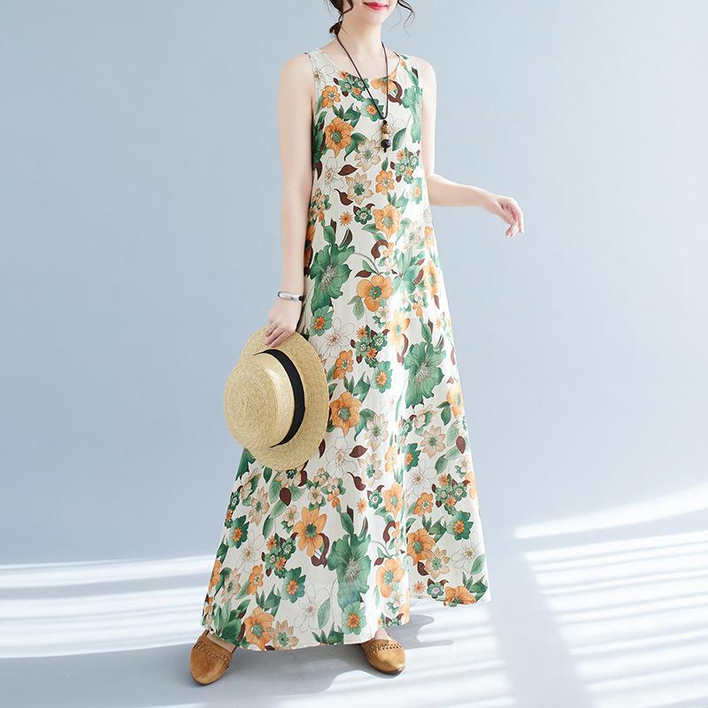 Summer Loose Cotton Linen Printed Sleeveless Dress Women's Vest Casual Dresses