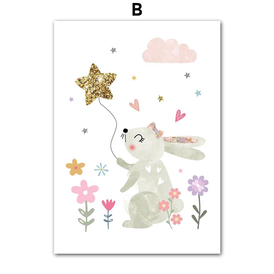 Pink Unicorn Rabbit Rainbow Cloud Flower Nursery Wall Art Canvas Painting Posters And Prints Wall Pictures Baby Kids Room Decor