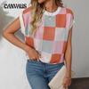 Женский летний свитер с коротким рукавом и короткими рукавами, с цветными блоками, круглым вырезом и узором в шахматную клетку