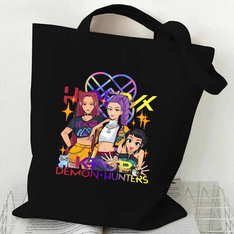 Сумка-тоут из холста с принтом KPOP Demon Hunter Girl Group HUNTRX, на плечо, студенческая