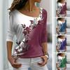 Women Autumn Top Flower Print Contrast Color Long Sleeves V Neck Pullover Warm Soft Floral Pattern Lady T-shirt Female Clothes