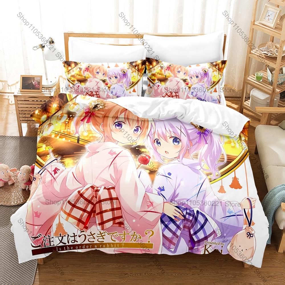 Cool Is the order a rabbit Bedding Set Duvet Cover + 2 Pillowcases Cute Cafe Girls Fluffy Rabbit Kawaii Anime Bedroom Decor