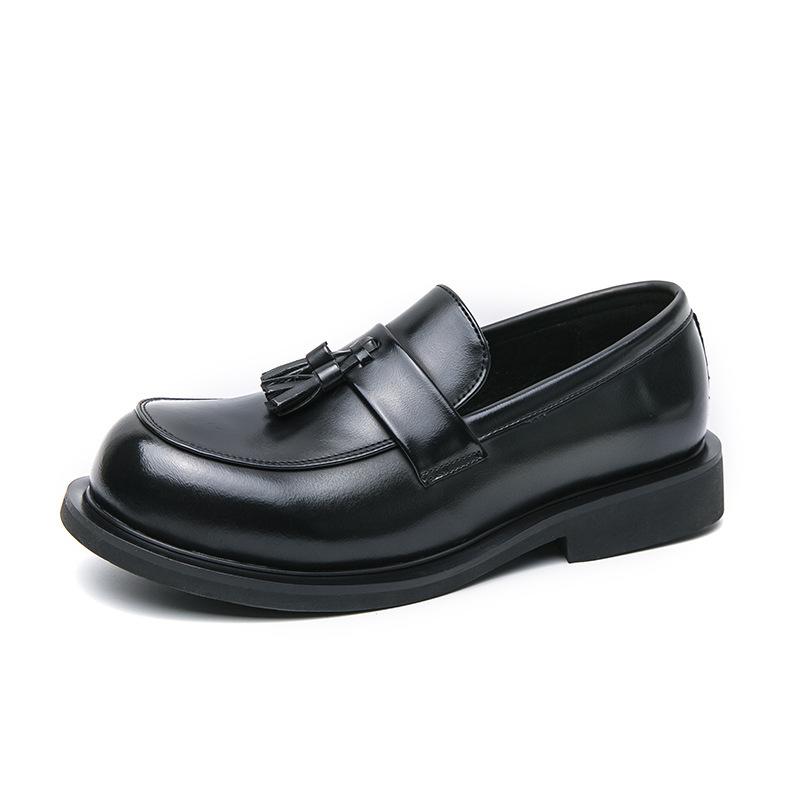 Черные туфли из кожи в стиле business casual с большой головой, мужские, корейская версия, лоферы на платформе с кисточками, мужские туфли из маленькой кожи для ночного клуба, увеличивающие рост