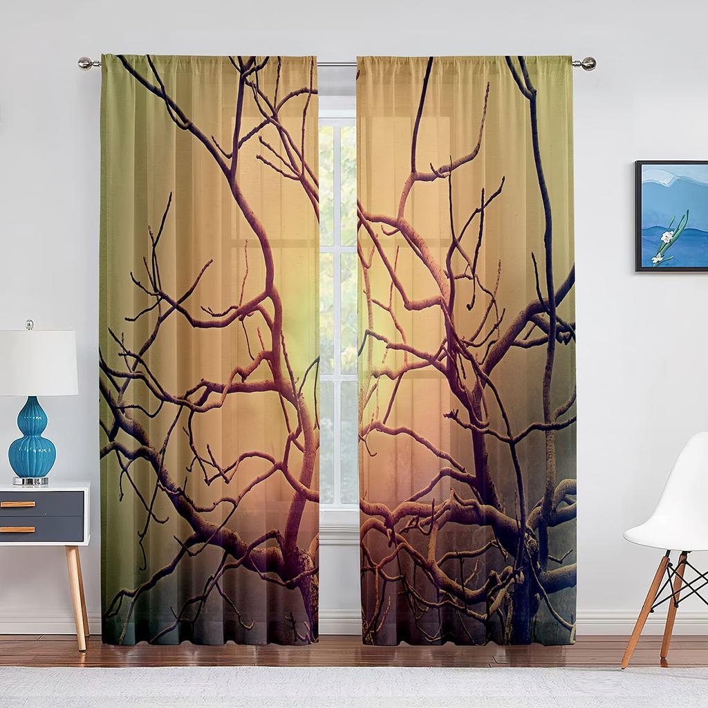 Серые тюлевые вуали с принтом ветвей деревьев для спальни, оконные занавески для гостиной, прозрачные шторы, жалюзи, шторы из органзы