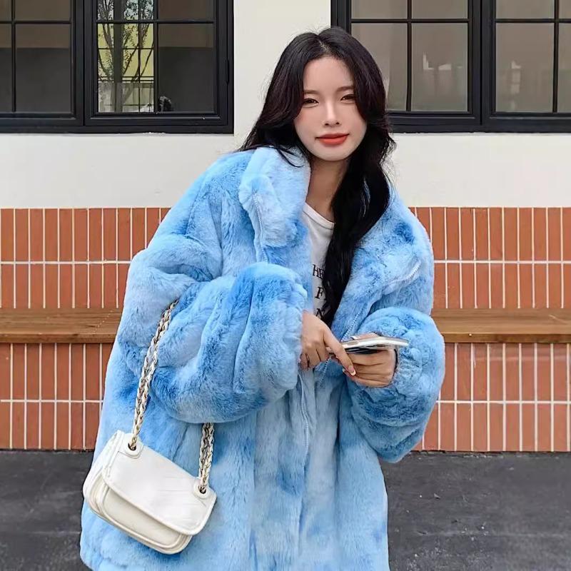 Winter Tie-dye Fur Rabbit Fur Jacket Medium and Long Large Size Lapel Women's Clothing Zipper Printing Plush Clothes Thick