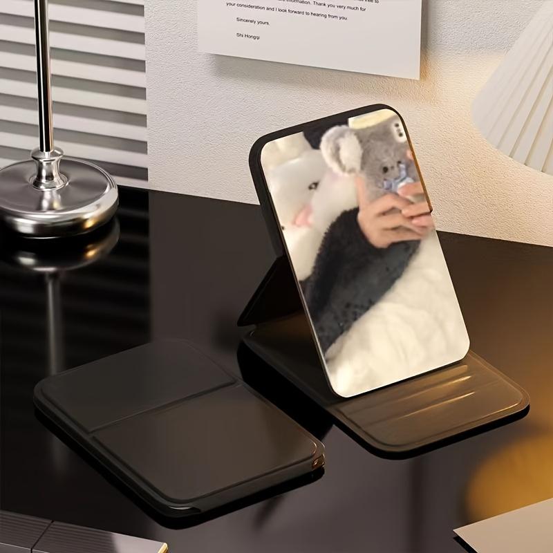 1pc Elegant Folding Mini Makeup Mirror with PU Stand, Portable Glass Cosmetic Mirror, Hand Washable, for Dorm and Desktop Use