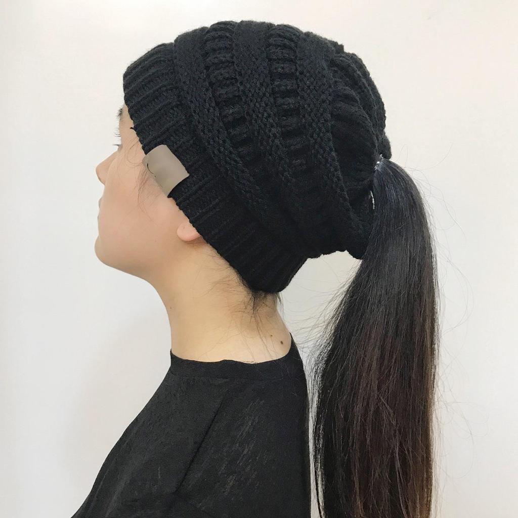 Fashion Women's Girl Hat Winter Wool Warm Stretch Knit Cap Messy Bun Ponytail Beanies