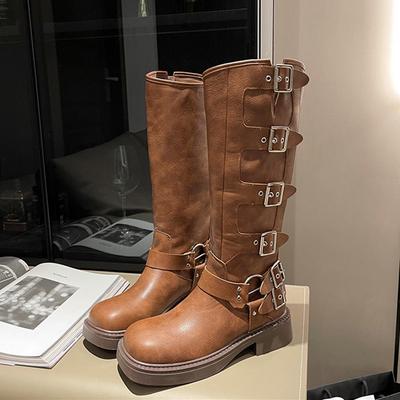 Сапоги до колена на платформе женские кожаные PU с заклепками рыцарские готические боевые элегантные туфли на каблуке для женщин мотоциклетная обувь Botas