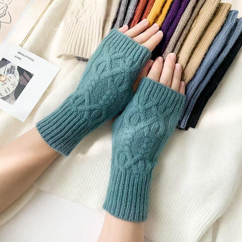Autumn Winter Knitted Fried Dough Twists Warm Gloves for Women Solid Color Soft Skin Thickened Half Finger Gloves Wrist Washable