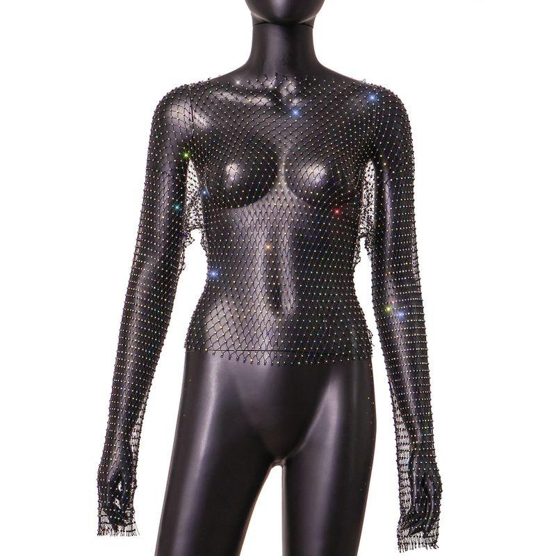 2023wish New Arrival Grid Rhinestone round Neck Long Sleeve Top Nightclub Sexy Short Stage T-shirt T-shirt