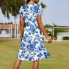 Ladies Summer Fashion Casual Floral Print V-Neck Short Sleeve Pocket Dress
