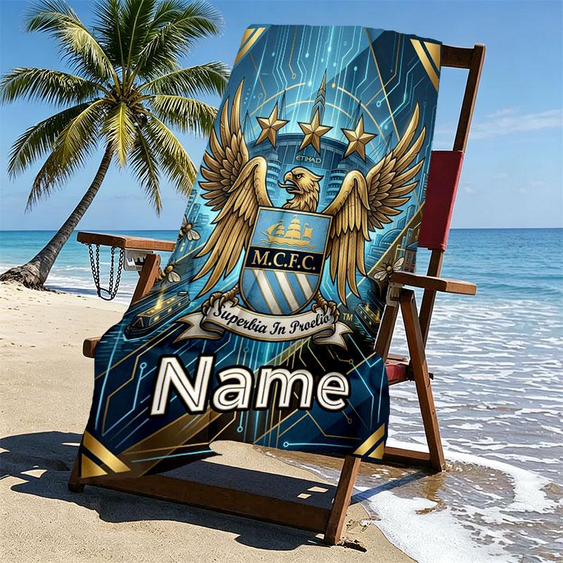 Custom Name Personalized Manchester City Print Beach Towel, for Trip Camping Beach Party Home Decor, Birthday Gift for Family & Friends