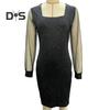 Women Dress Square Neck Long See Through Mesh Sleeves Sequin Slim Fit High Waist Sheatn Solid Color Prom Party Dating Mini Dress