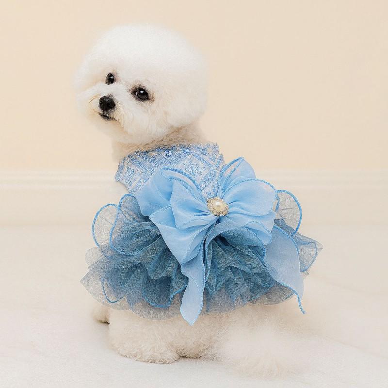 Pet Dress Dogs Cats Blue Galaxy Tulle Wedding Gown Princess Style