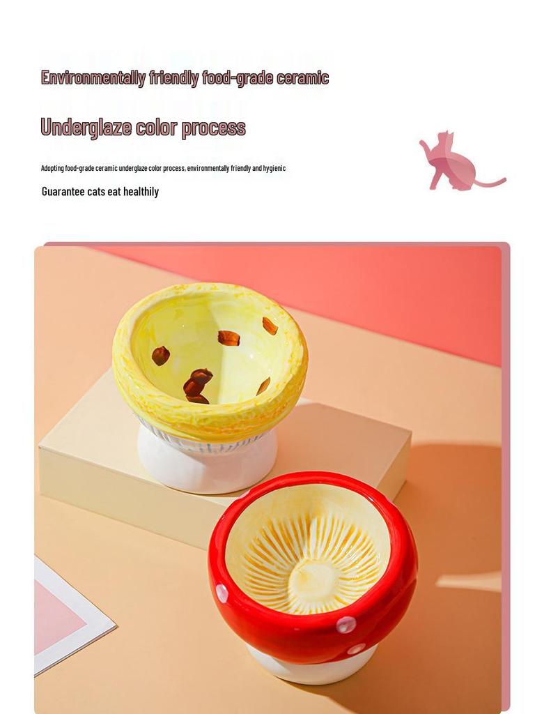 Hand-Painted High-Footed Egg Tart Cat Bowl - Anti-Tip Ceramic with Underglaze Color for Cervical Spine Protection.