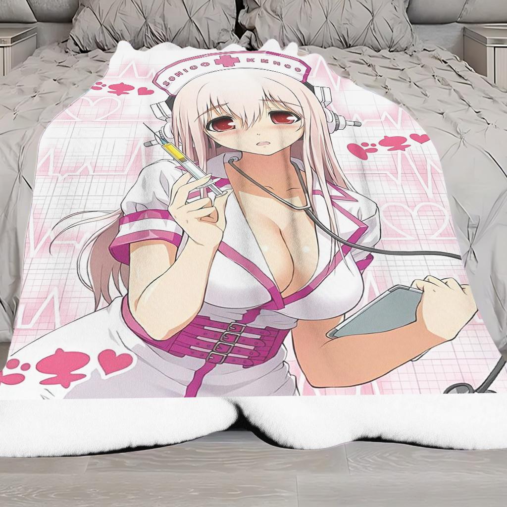 Плед для косплея S-Super S-Sonico в костюме медсестры, Аниме Ваифу Плед-покрывало, Мягкий Фланель, Розовый Медицинский Стиль, Декор Спальни Отаку