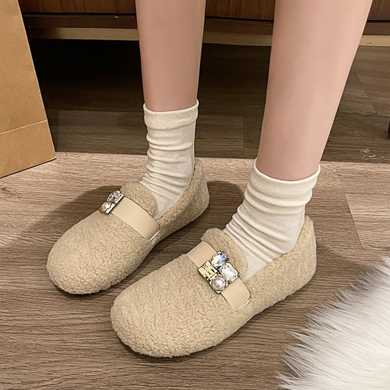 Меховые балетки женские мокасины обувь бисер кристалл дизайнерская повседневная обувь 2025 тренд короткие плюшевые зимние хлопковые сапоги теплые женские ботинки