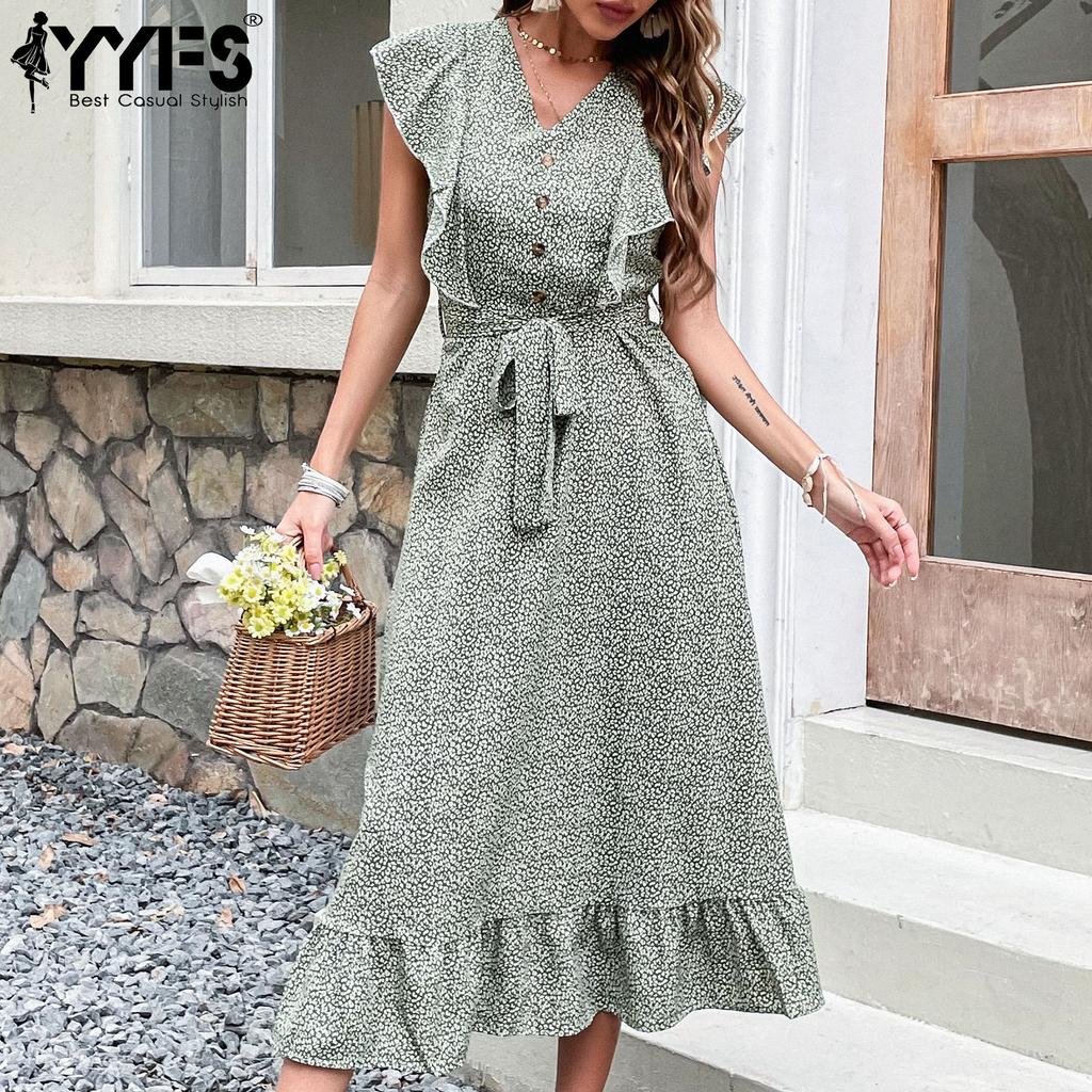 YYFS Женские винтажные летние весенние повседневные платья с цветочным принтом и коротким рукавом с v-образным вырезом и высокой талией