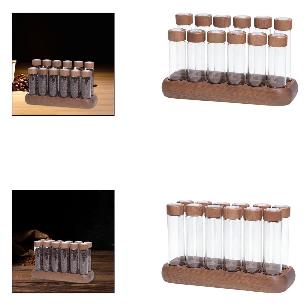 Single Dose Coffee Bean Storage Tubes Glass Airtight Container Wooden Stand Dustproof Organized for Kitchen Shelves
