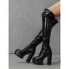 Модные высококачественные сапоги на толстой платформе, женские осенние мягкие кожаные сапоги до колена, сексуальные байкерские сапоги, черные высокие сапоги для женщин