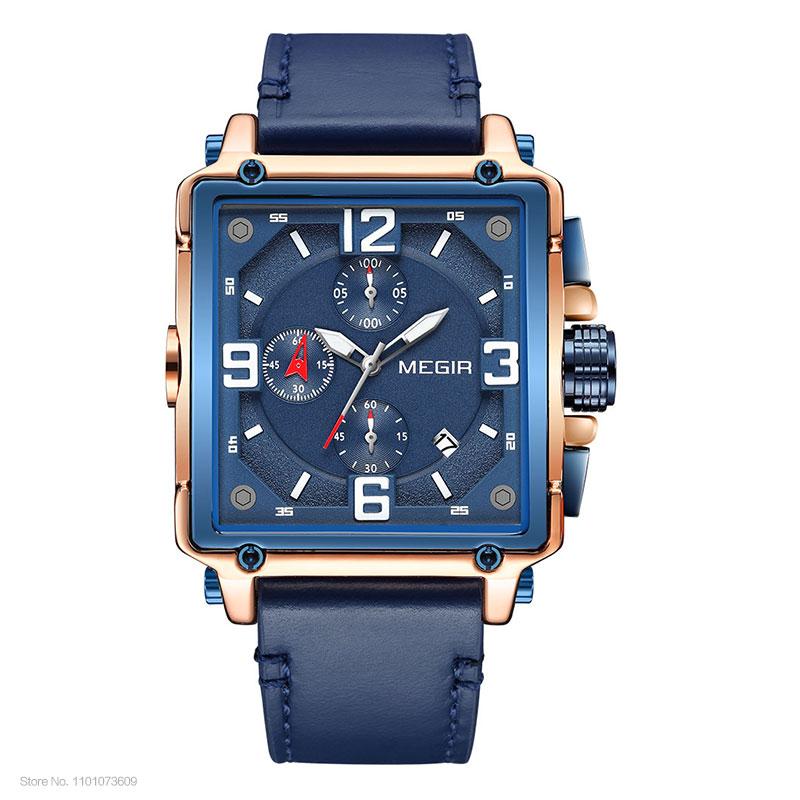 Megir Leather Strap Army Chronograph Quartz Wrist Watches Men Square Sports Stop Watch Man Clock Relogios Masculino 2061 Rose
