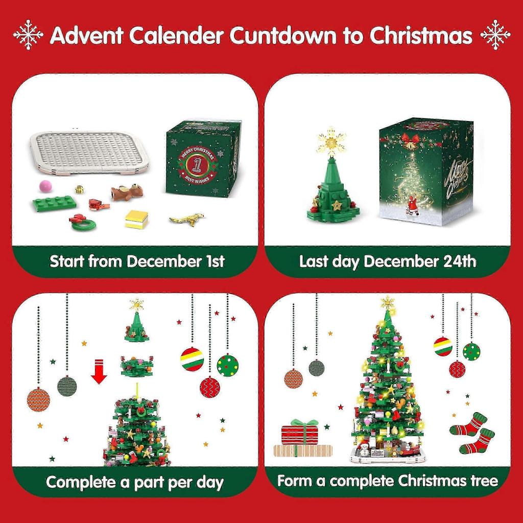 Advent Calendar 2024 Christmas Tree Building Toy Set with LED Light Christmas Countdown Calendar Kids Adult Creative Gifts