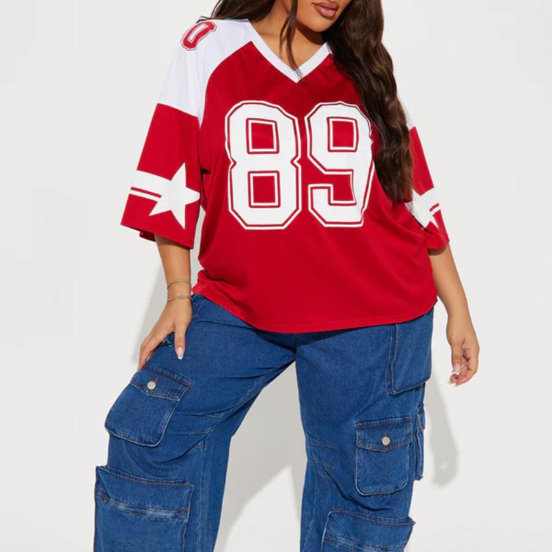 Summer Round Neck Patchwork Contrasting Letter Print Trendy Loose T-shirt