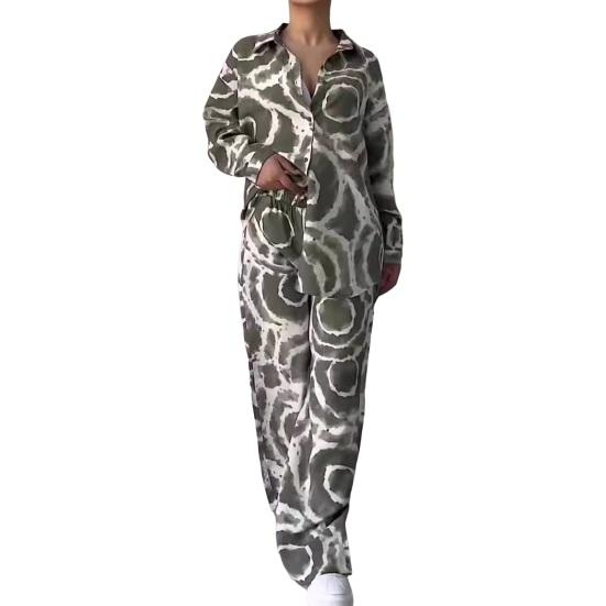 2 шт./комплект женский рубашка брюки комплект домашняя одежда наряд с принтом отложной воротник длинный рукав топ широкие брюки эластичный пояс свободные брюки одежда для поездок на работу