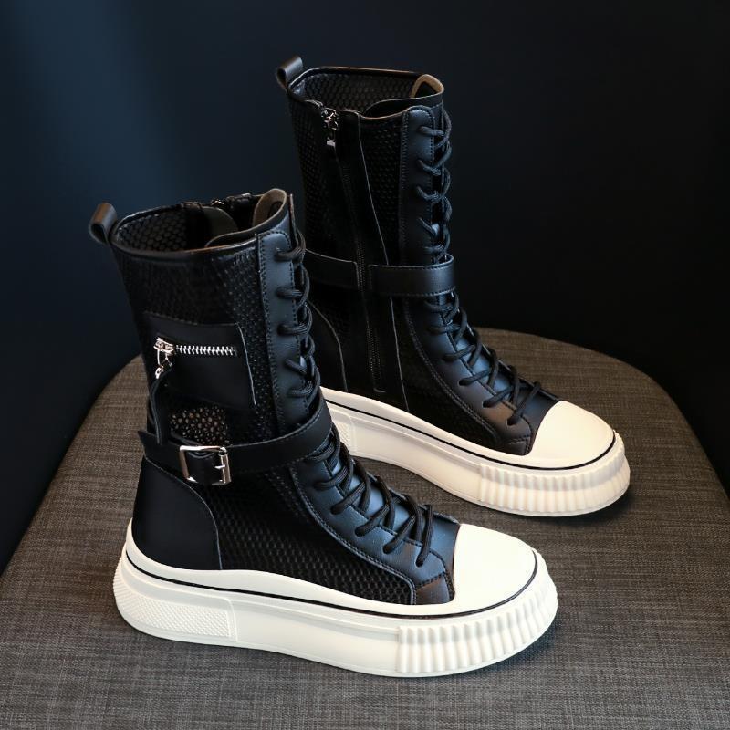 Модные летние ботинки для женщин Модные высокие повседневные ботинки на платформе Дышащие сетчатые ботинки с вырезами для женщин До середины икры Ботинки Кроссовки