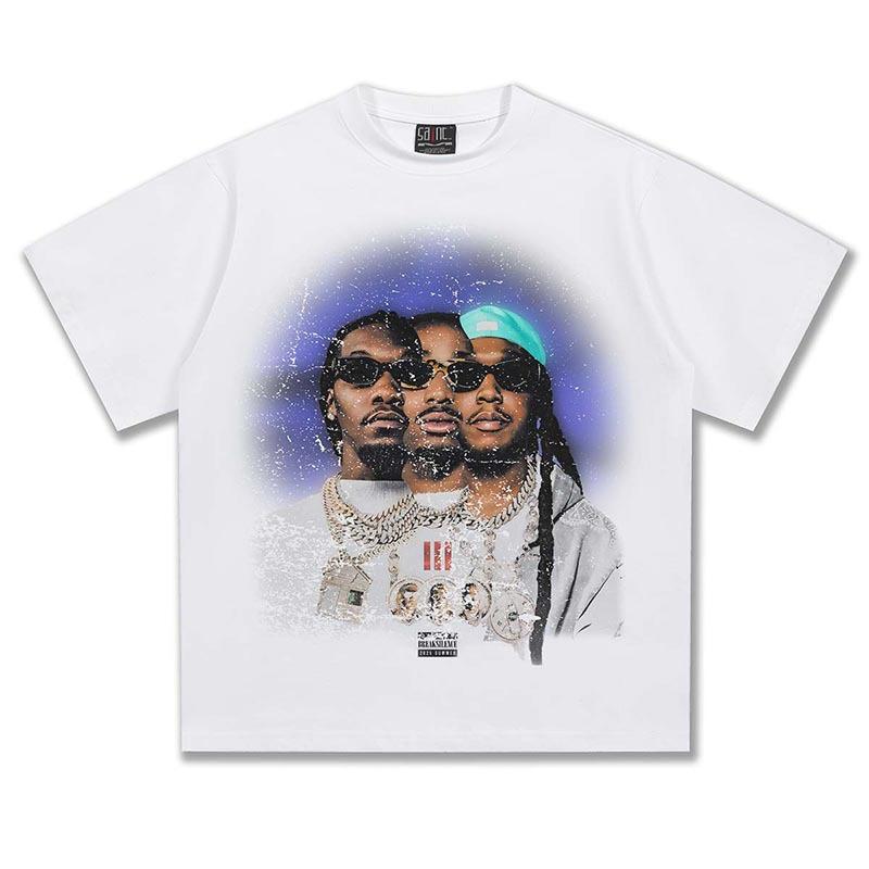 Графическая футболка Migos Унисекс Оверсайз Хип-хоп группа Повседневная Хлопок Короткий рукав Винтажный Уличная одежда Хайп Для молодежи