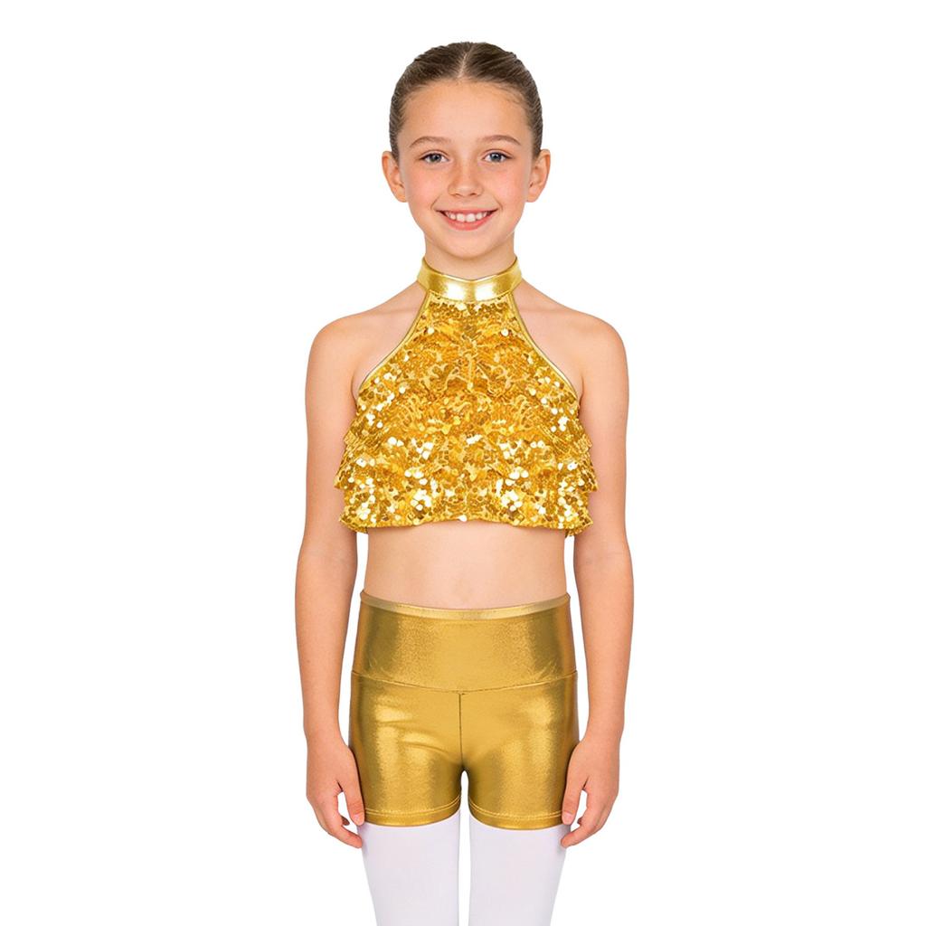 Girls Mock Neck Sleeveless Sequin Crop Top Tiered Shiny Metallic Shorts Stage Dance Outfit